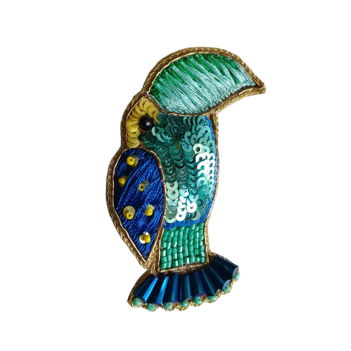 Alfinete Latido pássaro bordado com lantejoulas azul e verde