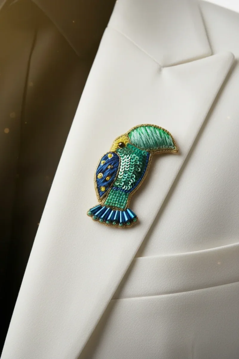 Alfinete Latido pássaro bordado com lantejoulas azul e verde - Image 3