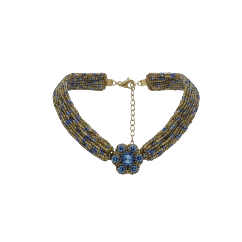 Colar Choker Bordado com Missangas e Flor Central