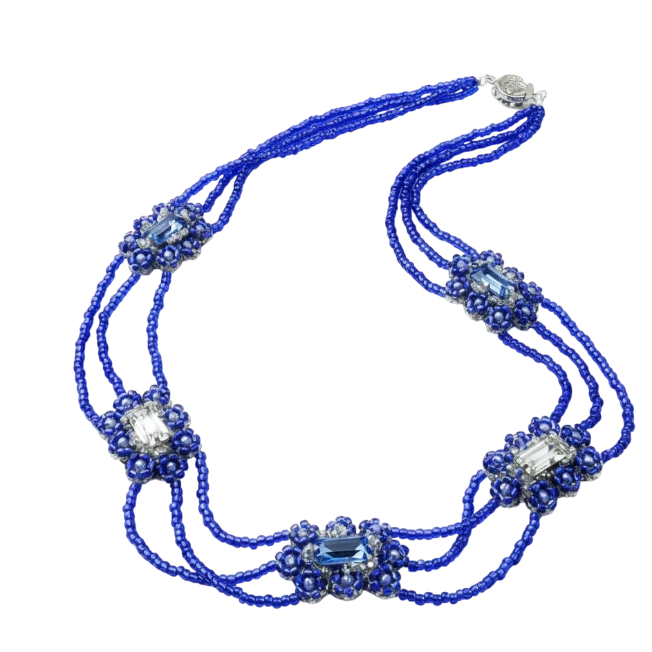 Colar artesanal Iluztro azul royal com cristais – colar de missangas de três fios