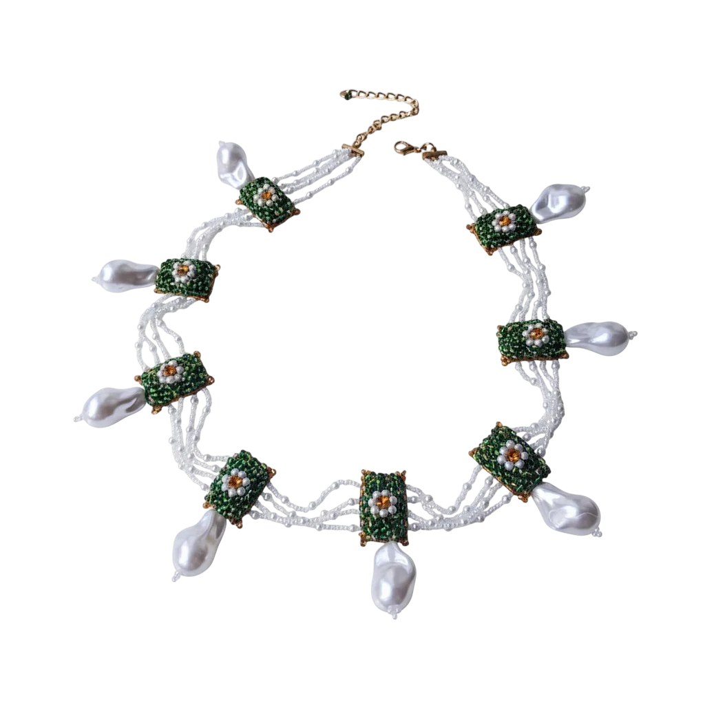 Colar artesanal Iluztro com pérolas grandes e flores verdes – colar de festa exclusivo