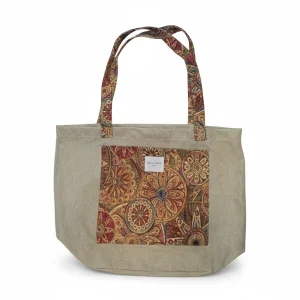 Saco de Ráfia DelaMur – Mala Tote Bege com Bolso Frontal Estampado