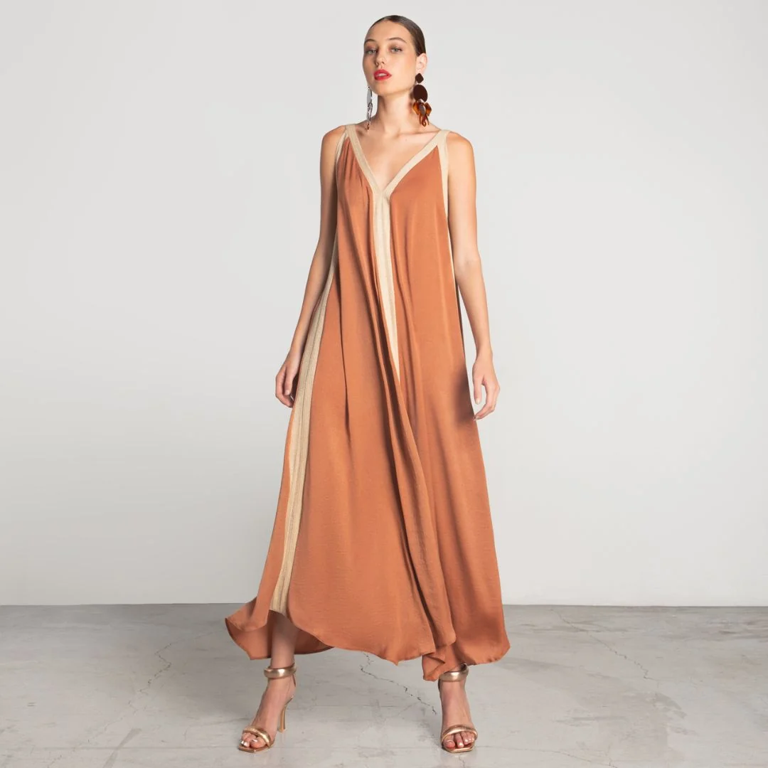Vestido Comprido Moutaki com Decote em V - varias cores