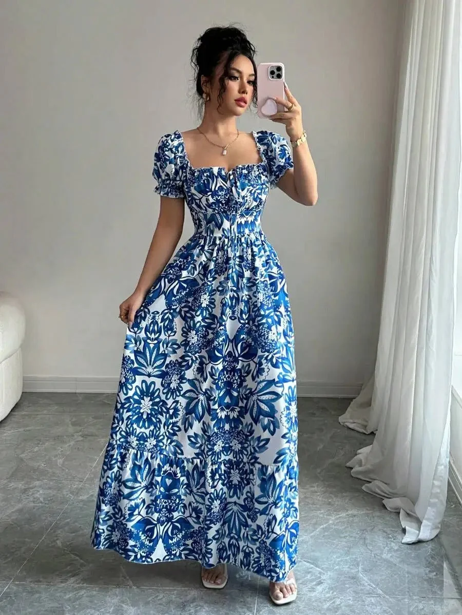 Inês | Vestido Longo Floral com Decote Quadrado e Mangas Bufantes - Image 4