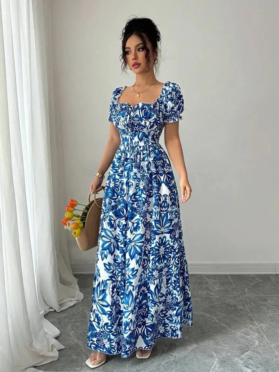 Inês | Vestido Longo Floral com Decote Quadrado e Mangas Bufantes - Image 7