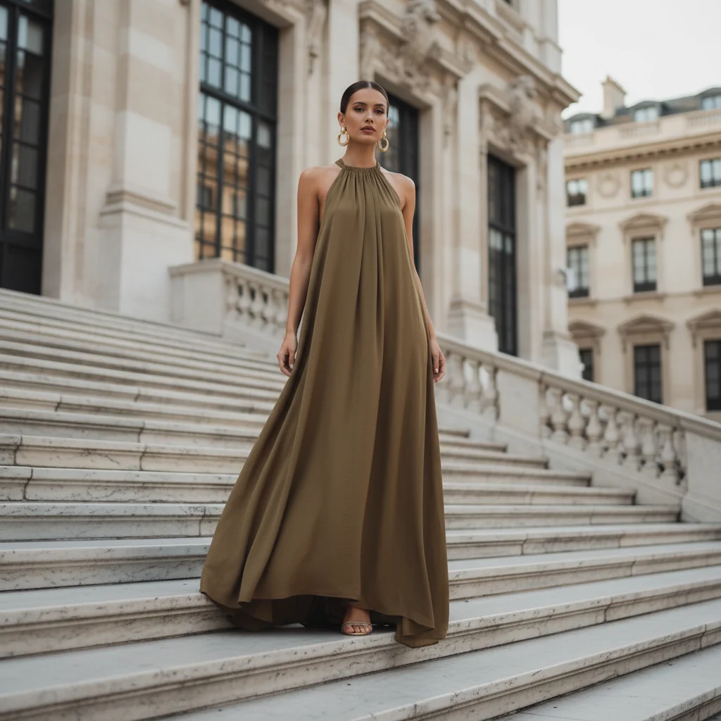 Vestido Comprido Moutaki em Tecido Fluído, Decote Halter - Image 6