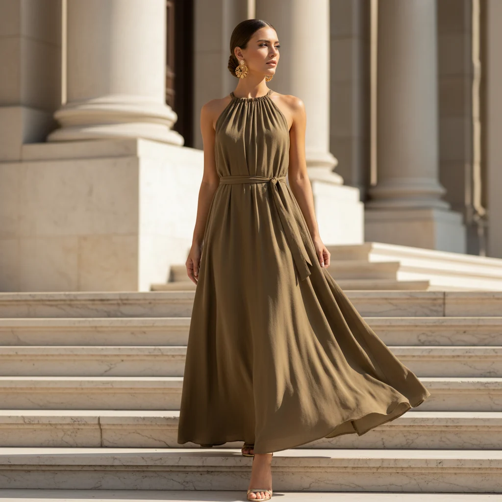 Vestido Comprido Moutaki em Tecido Fluído, Decote Halter - Image 5