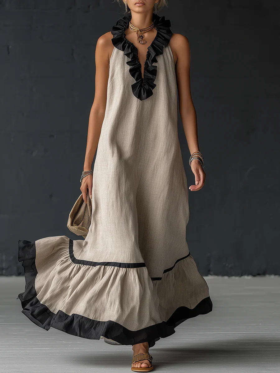 Sofia | Vestido Maxi com Folhos e Detalhe Bicolor - Image 4