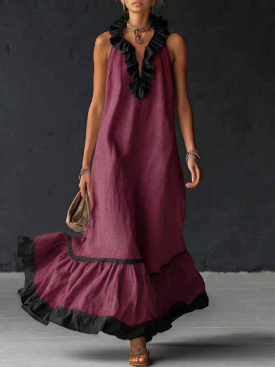 Sofia | Vestido Maxi com Folhos e Detalhe Bicolor - Image 8