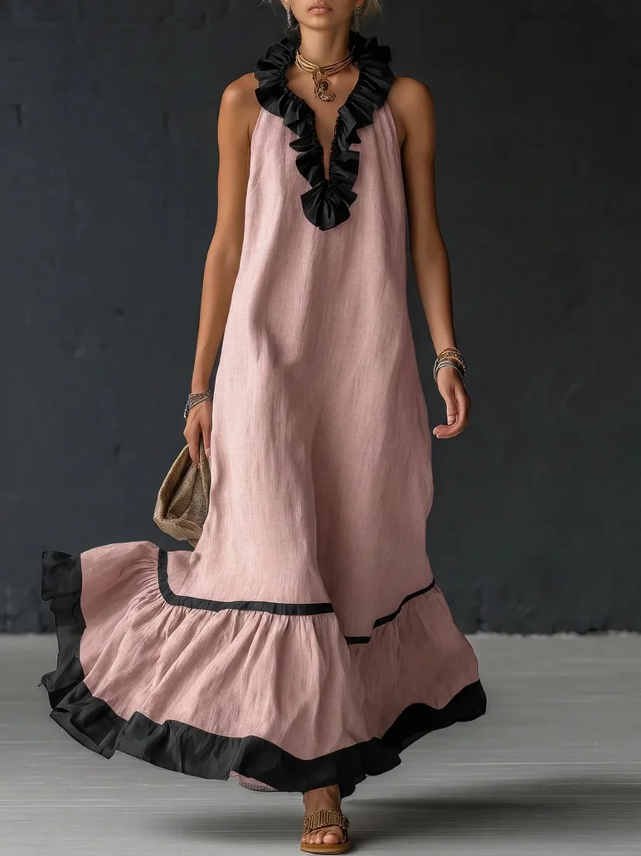 Sofia | Vestido Maxi com Folhos e Detalhe Bicolor
