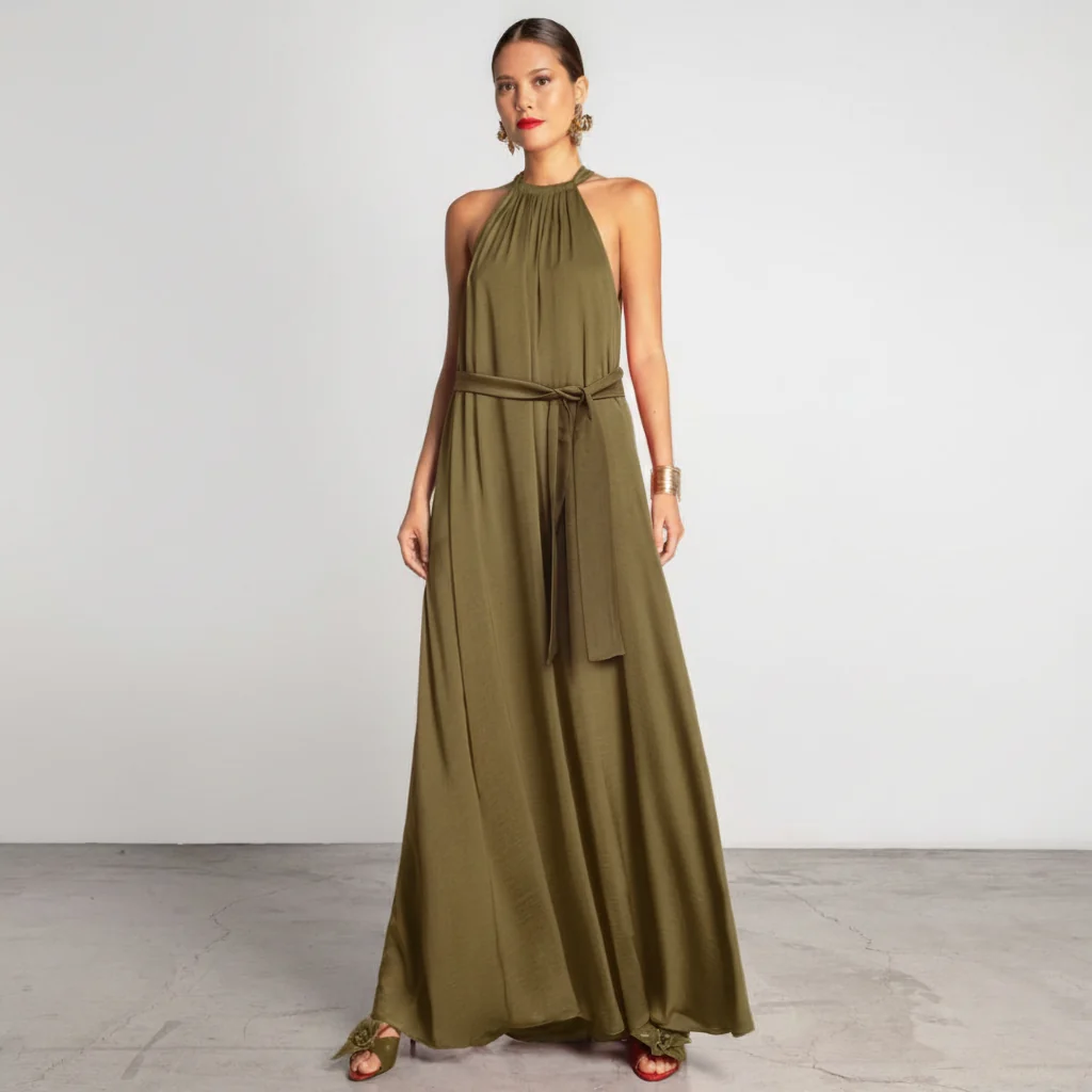 Vestido Comprido Moutaki em Tecido Fluído, Decote Halter - Image 4